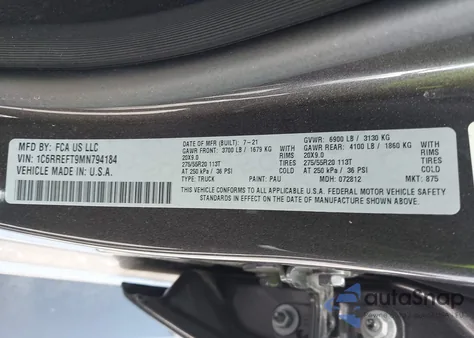 2021 Ram 1500 Big Horn 4X2 5'7 Box из США, поврежденный, VIN 1C6RREFT9MN794184